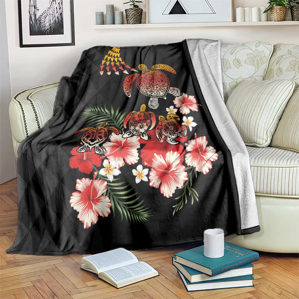 Hawaiian Hibiscus Turtle and Tropical Flower Blanket Dynamic Vibe LT03 Black - Polynesian Pride