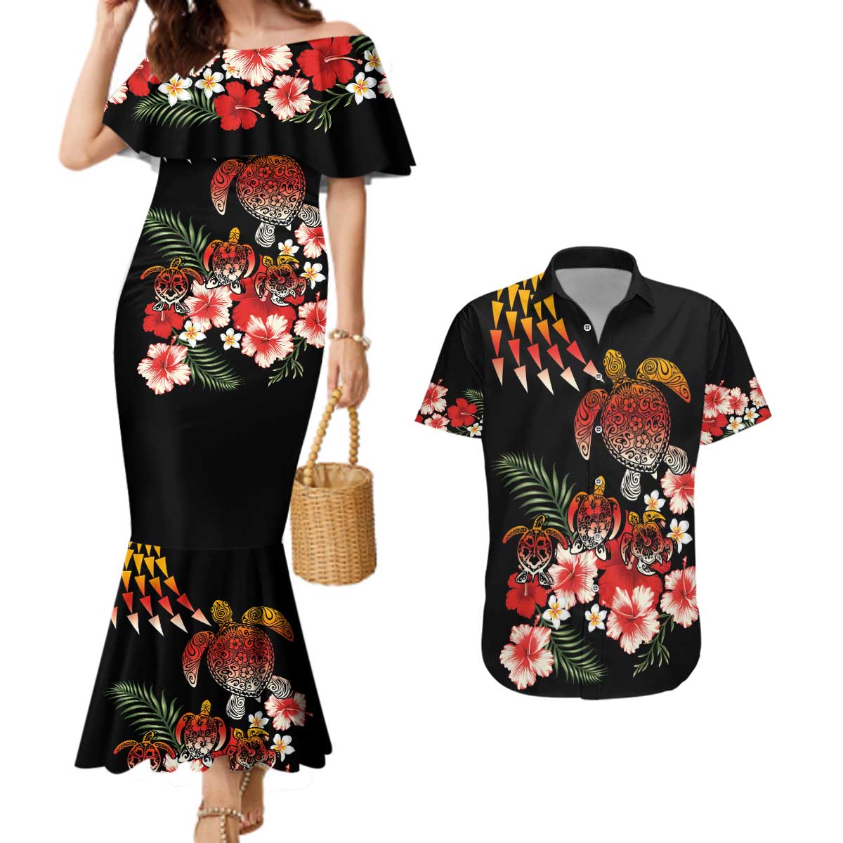 Hawaiian Hibiscus Turtle and Tropical Flower Couples Matching Mermaid Dress and Hawaiian Shirt Dynamic Vibe LT03 Black - Polynesian Pride