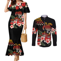 Hawaiian Hibiscus Turtle and Tropical Flower Couples Matching Mermaid Dress and Long Sleeve Button Shirt Dynamic Vibe LT03 Black - Polynesian Pride