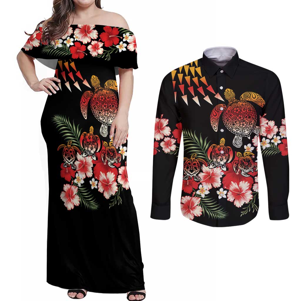 Hawaiian Hibiscus Turtle and Tropical Flower Couples Matching Off Shoulder Maxi Dress and Long Sleeve Button Shirt Dynamic Vibe LT03 Black - Polynesian Pride