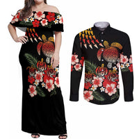 Hawaiian Hibiscus Turtle and Tropical Flower Couples Matching Off Shoulder Maxi Dress and Long Sleeve Button Shirt Dynamic Vibe LT03 Black - Polynesian Pride
