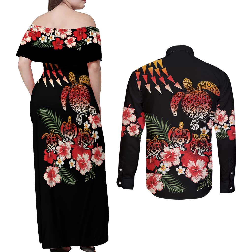 Hawaiian Hibiscus Turtle and Tropical Flower Couples Matching Off Shoulder Maxi Dress and Long Sleeve Button Shirt Dynamic Vibe LT03 - Polynesian Pride
