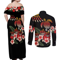 Hawaiian Hibiscus Turtle and Tropical Flower Couples Matching Off Shoulder Maxi Dress and Long Sleeve Button Shirt Dynamic Vibe LT03 - Polynesian Pride