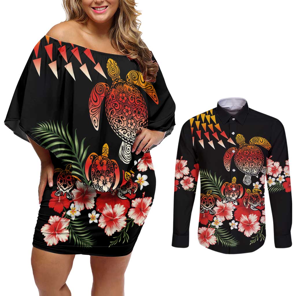 Hawaiian Hibiscus Turtle and Tropical Flower Couples Matching Off Shoulder Short Dress and Long Sleeve Button Shirt Dynamic Vibe LT03 Black - Polynesian Pride