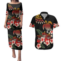Hawaiian Hibiscus Turtle and Tropical Flower Couples Matching Puletasi and Hawaiian Shirt Dynamic Vibe LT03 Black - Polynesian Pride