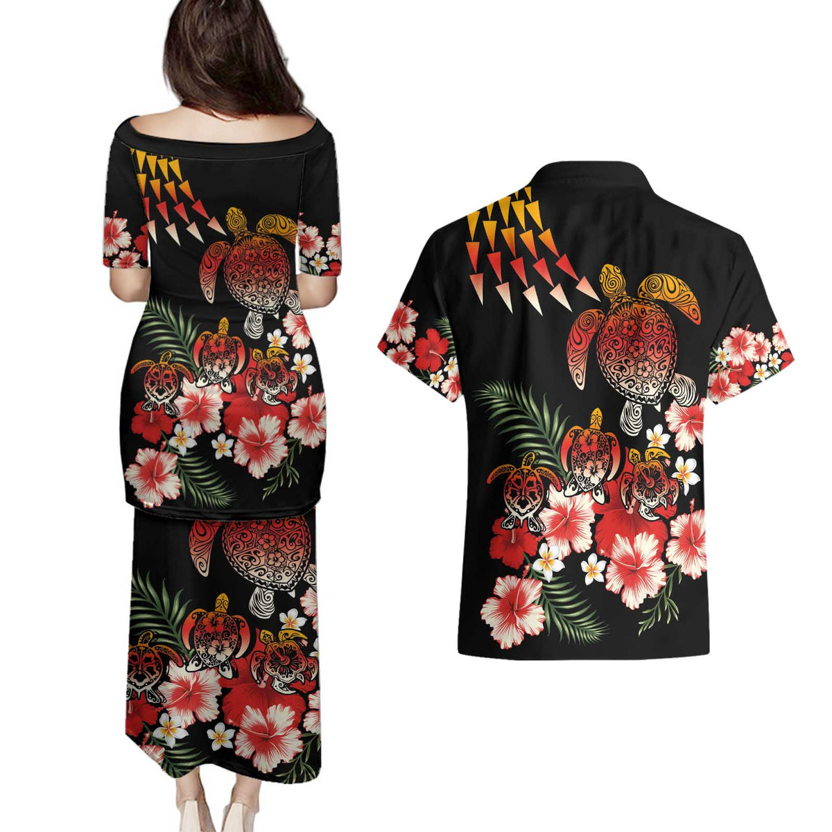 Hawaiian Hibiscus Turtle and Tropical Flower Couples Matching Puletasi and Hawaiian Shirt Dynamic Vibe LT03 - Polynesian Pride