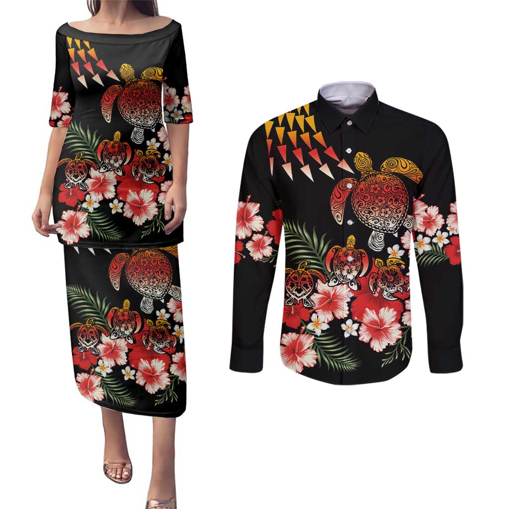 Hawaiian Hibiscus Turtle and Tropical Flower Couples Matching Puletasi and Long Sleeve Button Shirt Dynamic Vibe LT03 Black - Polynesian Pride