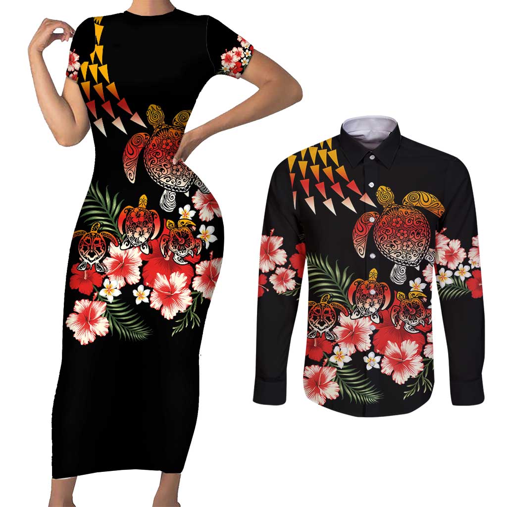 Hawaiian Hibiscus Turtle and Tropical Flower Couples Matching Short Sleeve Bodycon Dress and Long Sleeve Button Shirt Dynamic Vibe LT03 Black - Polynesian Pride