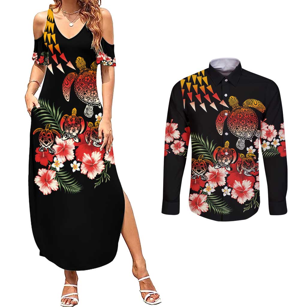 Hawaiian Hibiscus Turtle and Tropical Flower Couples Matching Summer Maxi Dress and Long Sleeve Button Shirt Dynamic Vibe LT03 Black - Polynesian Pride