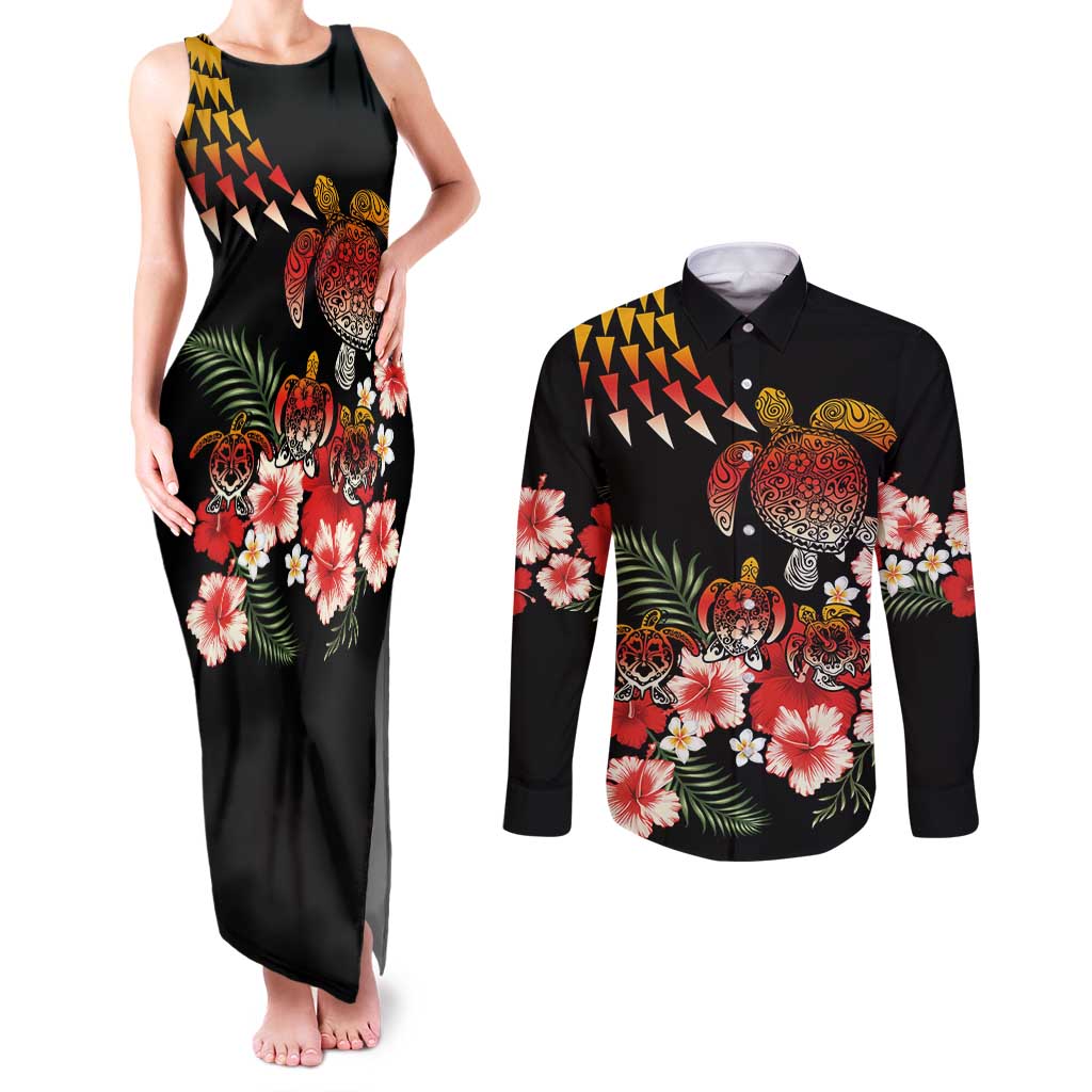 Hawaiian Hibiscus Turtle and Tropical Flower Couples Matching Tank Maxi Dress and Long Sleeve Button Shirt Dynamic Vibe LT03 Black - Polynesian Pride