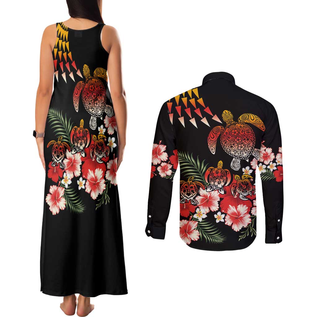 Hawaiian Hibiscus Turtle and Tropical Flower Couples Matching Tank Maxi Dress and Long Sleeve Button Shirt Dynamic Vibe LT03 - Polynesian Pride