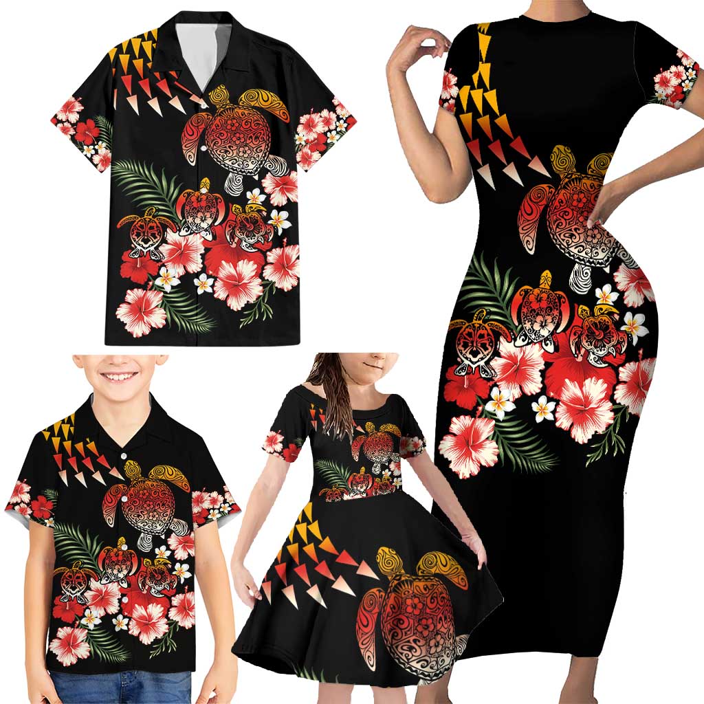 Hawaiian Hibiscus Turtle and Tropical Flower Family Matching Short Sleeve Bodycon Dress and Hawaiian Shirt Dynamic Vibe LT03 - Polynesian Pride