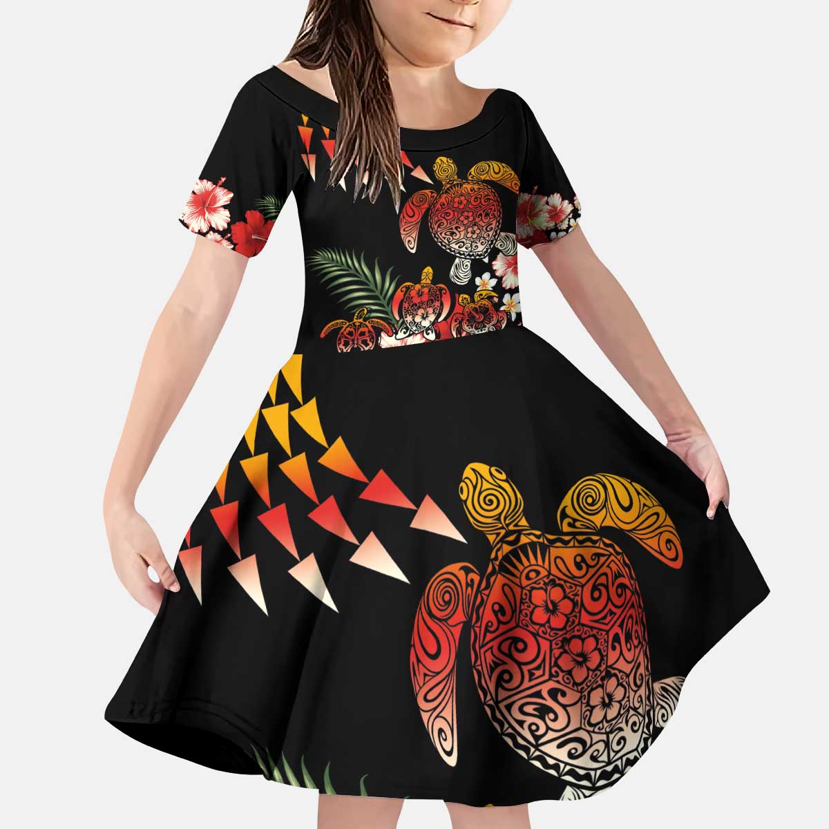 Hawaiian Hibiscus Turtle and Tropical Flower Kid Short Sleeve Dress Dynamic Vibe LT03 KID Black - Polynesian Pride