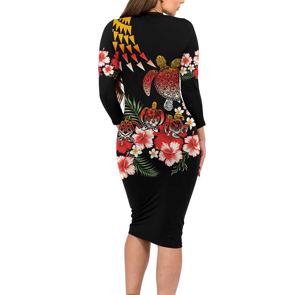 Hawaiian Hibiscus Turtle and Tropical Flower Long Sleeve Bodycon Dress Dynamic Vibe