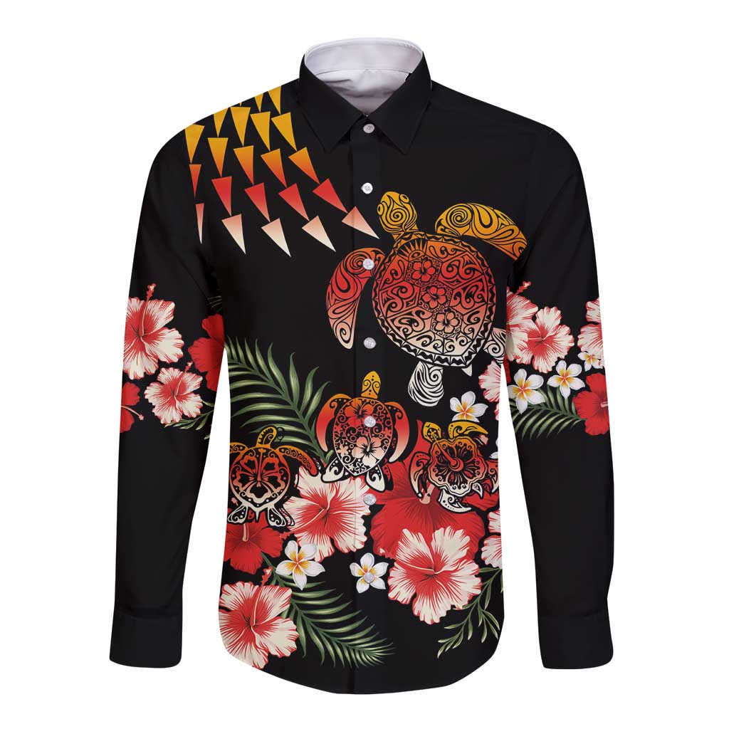 Hawaiian Hibiscus Turtle and Tropical Flower Long Sleeve Button Shirt Dynamic Vibe LT03 Unisex Black - Polynesian Pride