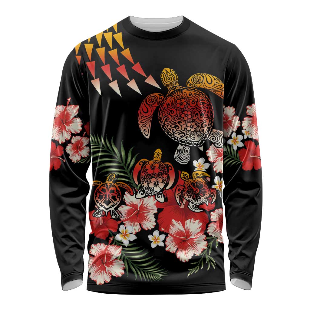 Hawaiian Hibiscus Turtle and Tropical Flower Long Sleeve Shirt Dynamic Vibe LT03 Unisex Black - Polynesian Pride