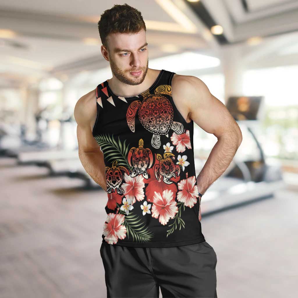 Hawaiian Hibiscus Turtle and Tropical Flower Men Tank Top Dynamic Vibe LT03 Black - Polynesian Pride