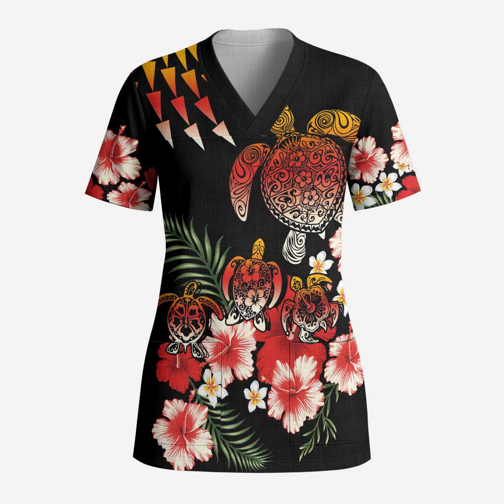 Hawaiian Hibiscus Turtle and Tropical Flower Scrub Top Dynamic Vibe - Polynesian Pride