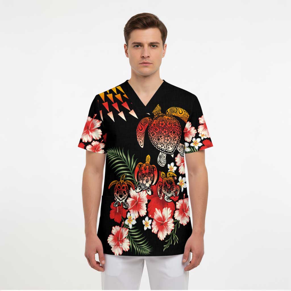 Hawaiian Hibiscus Turtle and Tropical Flower Scrub Top Dynamic Vibe - Polynesian Pride