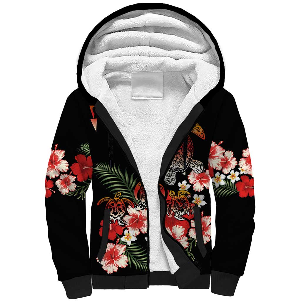 Hawaiian Hibiscus Turtle and Tropical Flower Sherpa Hoodie Dynamic Vibe LT03 Unisex Black - Polynesian Pride