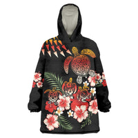 Hawaiian Hibiscus Turtle and Tropical Flower Wearable Blanket Hoodie Dynamic Vibe LT03 One Size Black - Polynesian Pride