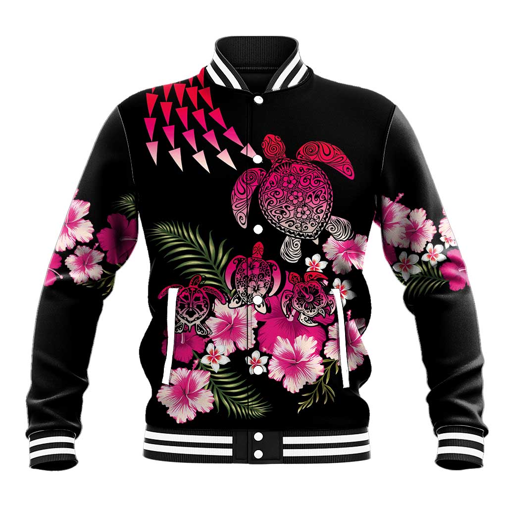 Hawaiian Hibiscus Turtle and Tropical Flower Baseball Jacket Sweet Vibe LT03 Unisex Black - Polynesian Pride