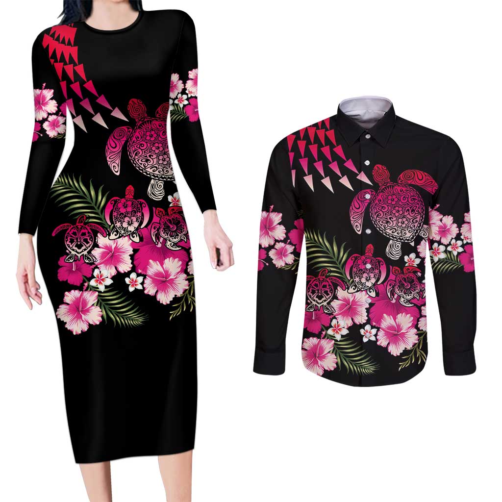 Hawaiian Hibiscus Turtle and Tropical Flower Couples Matching Long Sleeve Bodycon Dress and Long Sleeve Button Shirt Sweet Vibe LT03 Black - Polynesian Pride