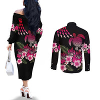 Hawaiian Hibiscus Turtle and Tropical Flower Couples Matching Off The Shoulder Long Sleeve Dress and Long Sleeve Button Shirt Sweet Vibe