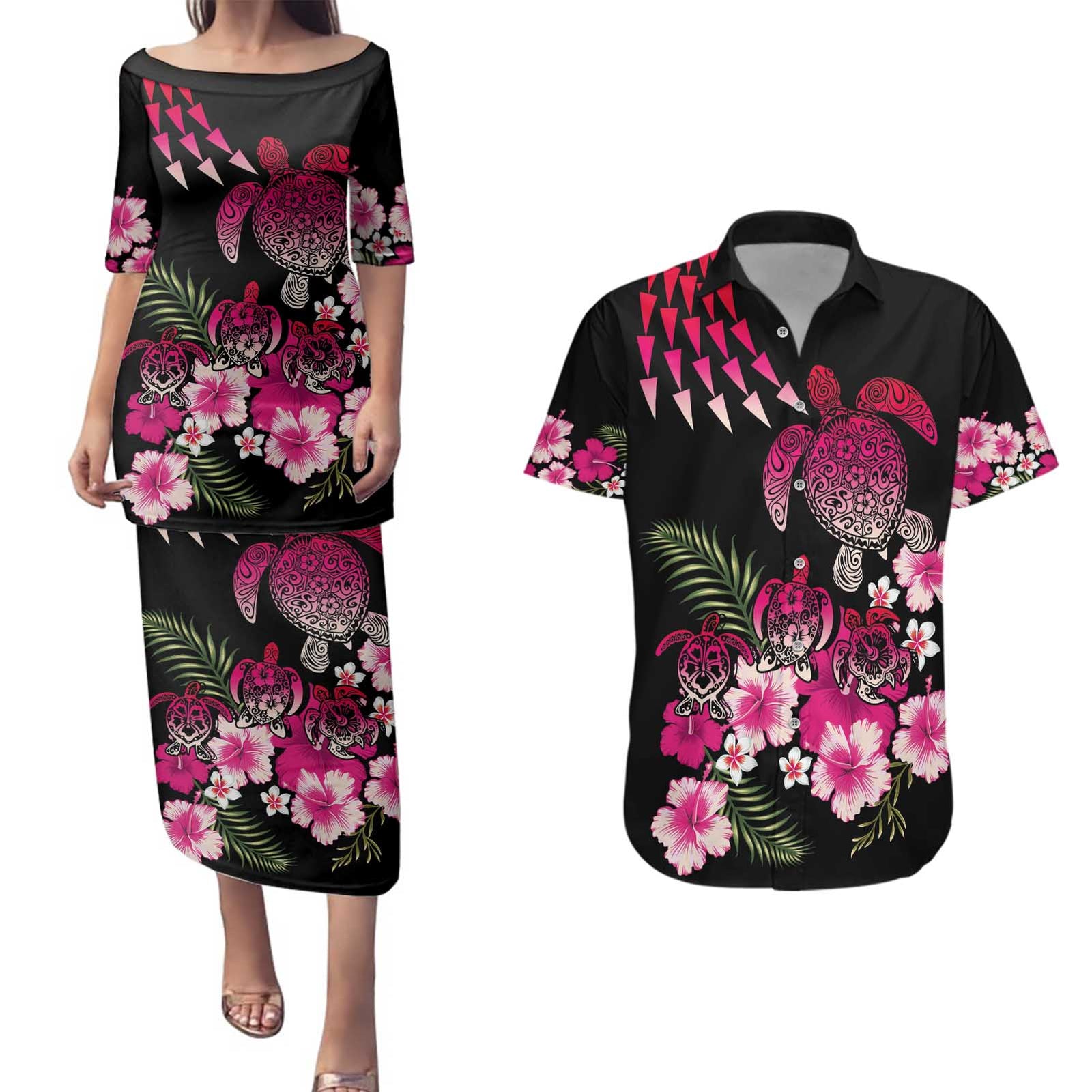 Hawaiian Hibiscus Turtle and Tropical Flower Couples Matching Puletasi and Hawaiian Shirt Sweet Vibe LT03 Black - Polynesian Pride