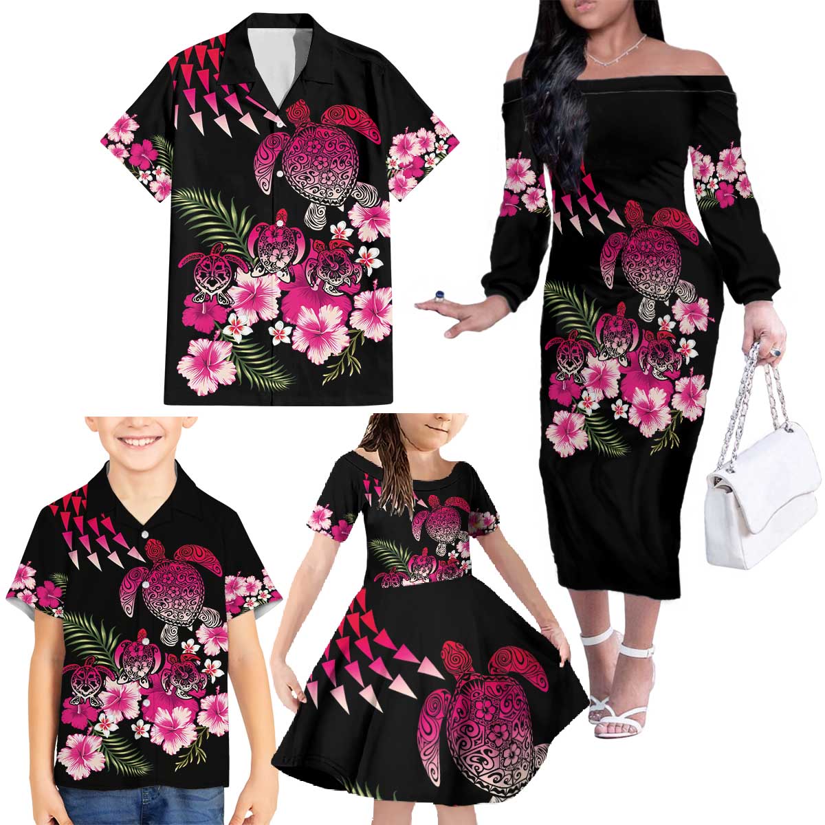 Hawaiian Hibiscus Turtle and Tropical Flower Family Matching Off The Shoulder Long Sleeve Dress and Hawaiian Shirt Sweet Vibe LT03 - Polynesian Pride