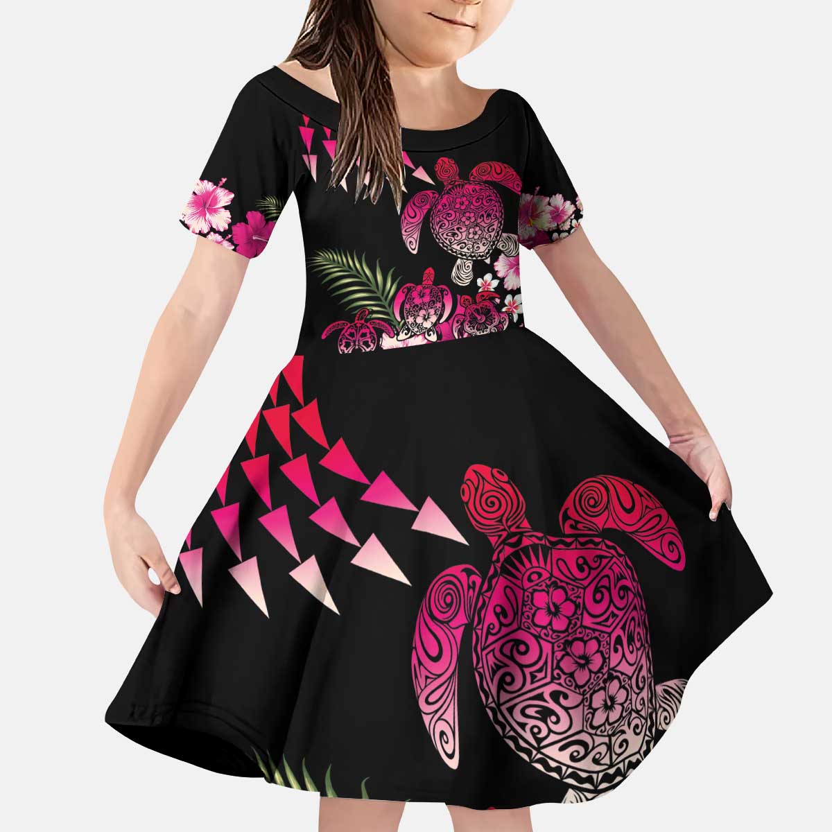 Hawaiian Hibiscus Turtle and Tropical Flower Kid Short Sleeve Dress Sweet Vibe LT03 KID Black - Polynesian Pride
