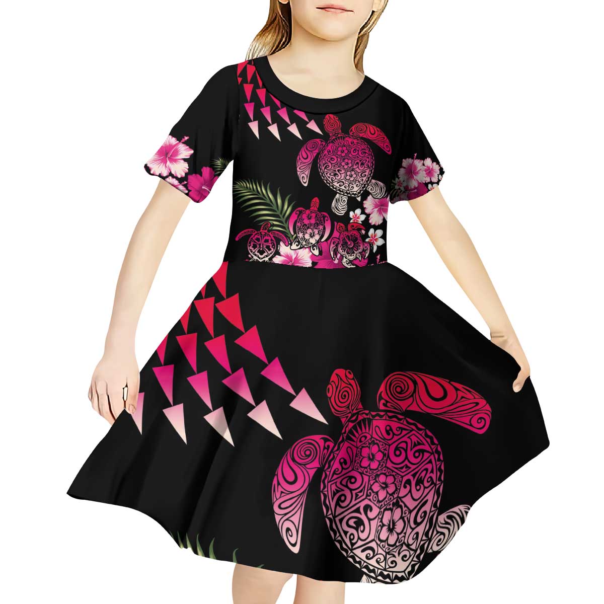 Hawaiian Hibiscus Turtle and Tropical Flower Kid Short Sleeve Dress Sweet Vibe LT03 - Polynesian Pride