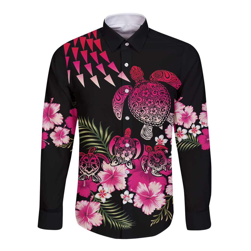 Hawaiian Hibiscus Turtle and Tropical Flower Long Sleeve Button Shirt Sweet Vibe LT03 Unisex Black - Polynesian Pride