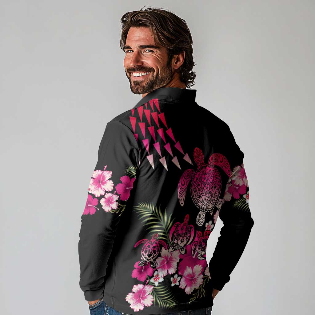 Hawaiian Hibiscus Turtle and Tropical Flower Long Sleeve Polo Shirt Sweet Vibe