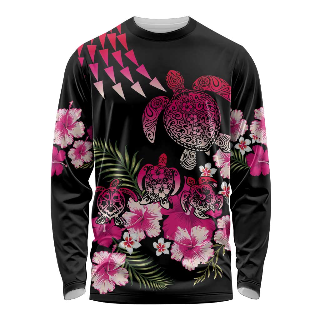 Hawaiian Hibiscus Turtle and Tropical Flower Long Sleeve Shirt Sweet Vibe LT03 Unisex Black - Polynesian Pride