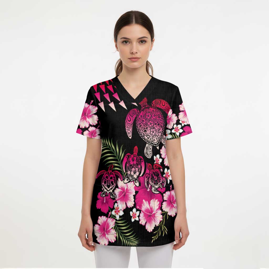 Hawaiian Hibiscus Turtle and Tropical Flower Scrub Top Sweet Vibe - Polynesian Pride