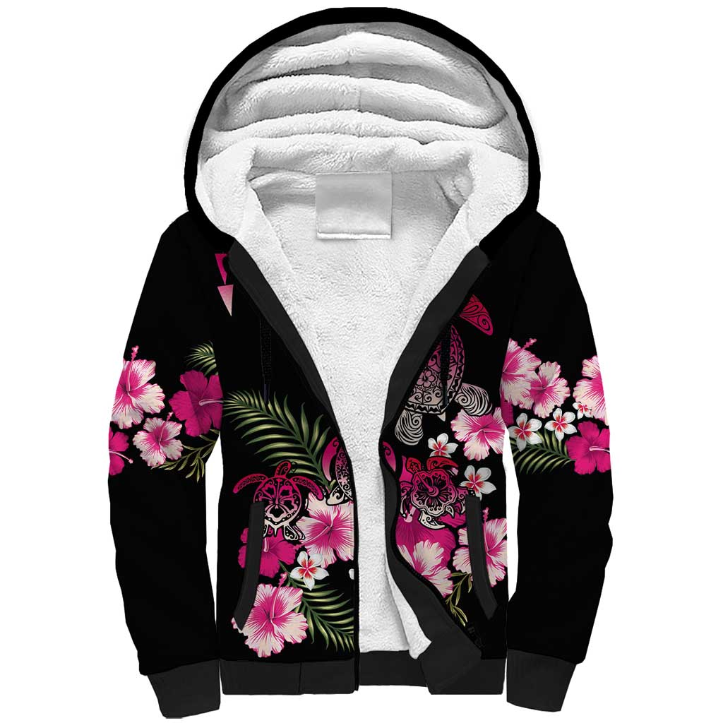 Hawaiian Hibiscus Turtle and Tropical Flower Sherpa Hoodie Sweet Vibe LT03 Unisex Black - Polynesian Pride