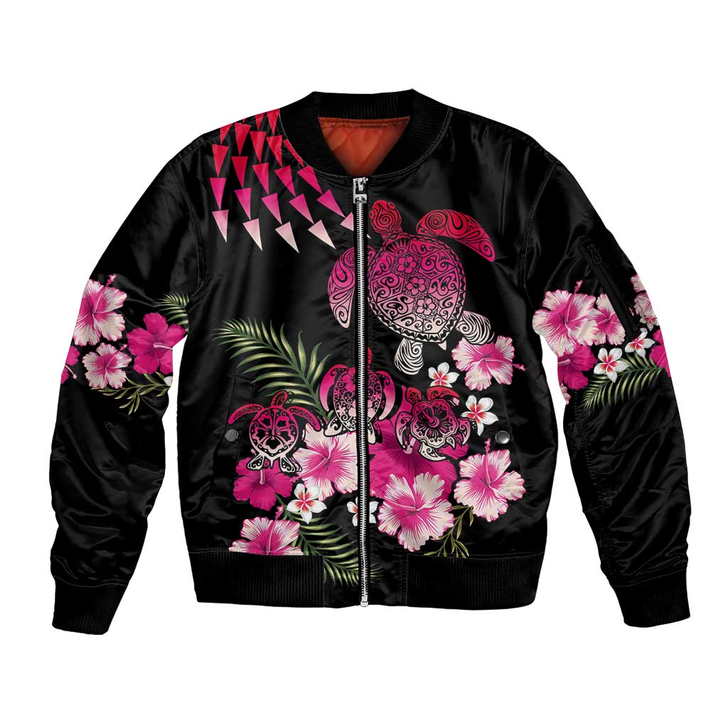 Hawaiian Hibiscus Turtle and Tropical Flower Sleeve Zip Bomber Jacket Sweet Vibe