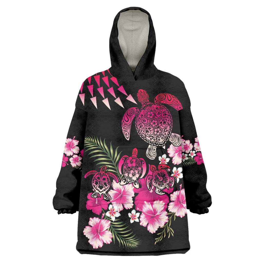 Hawaiian Hibiscus Turtle and Tropical Flower Wearable Blanket Hoodie Sweet Vibe LT03 One Size Black - Polynesian Pride