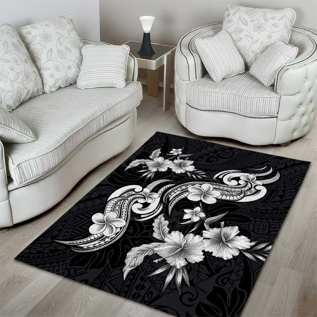 Hawaiian-Polynesian Art Tattoo Area Rug Hibiscus and Plumeria Grayscale