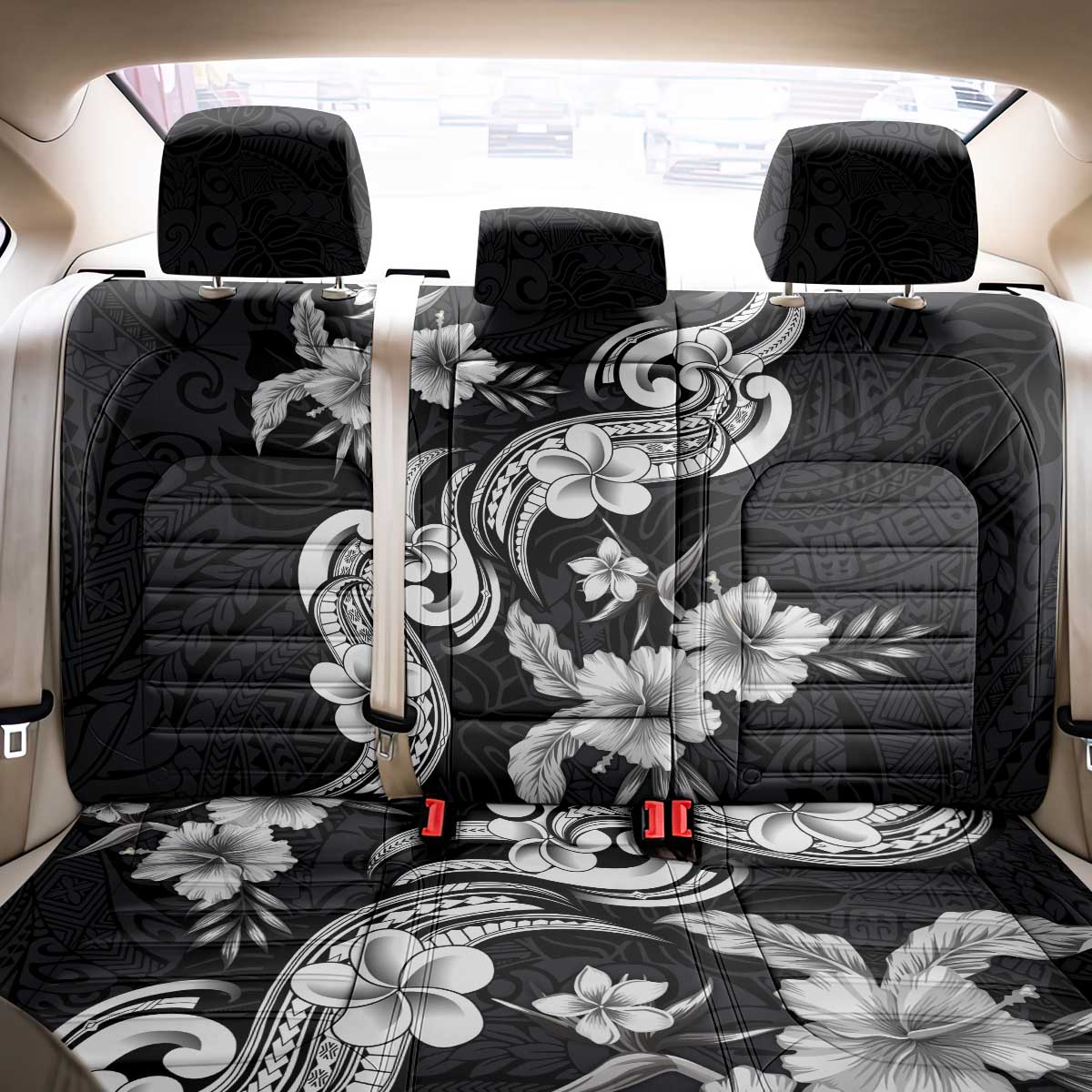 Hawaiian-Polynesian Art Tattoo Back Car Seat Cover Hibiscus and Plumeria Grayscale