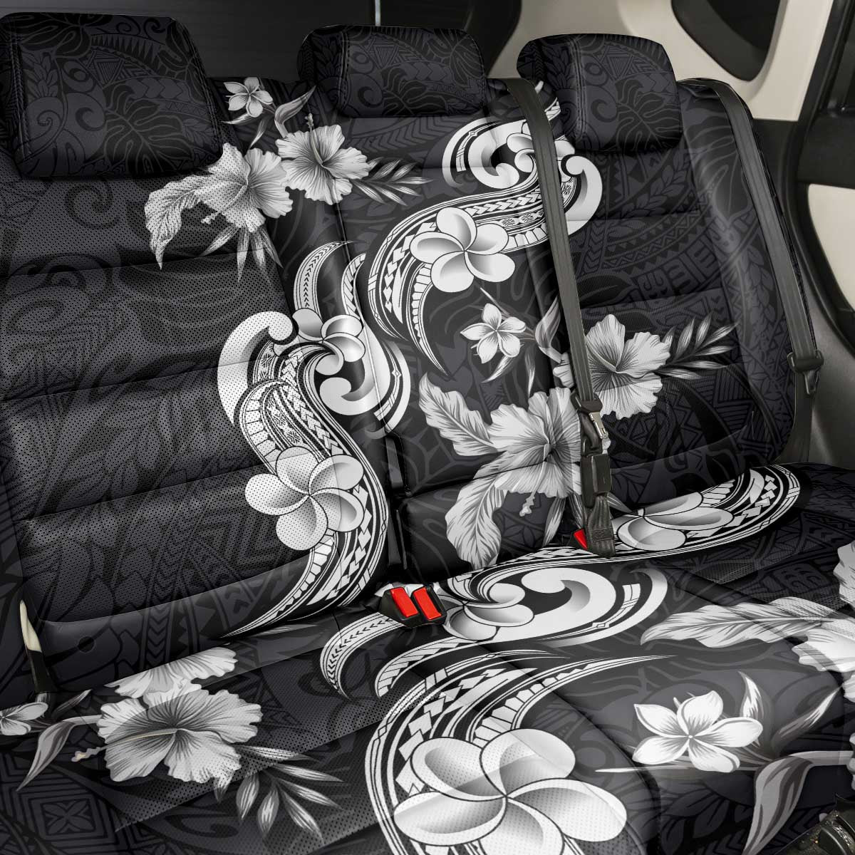 Hawaiian-Polynesian Art Tattoo Back Car Seat Cover Hibiscus and Plumeria Grayscale