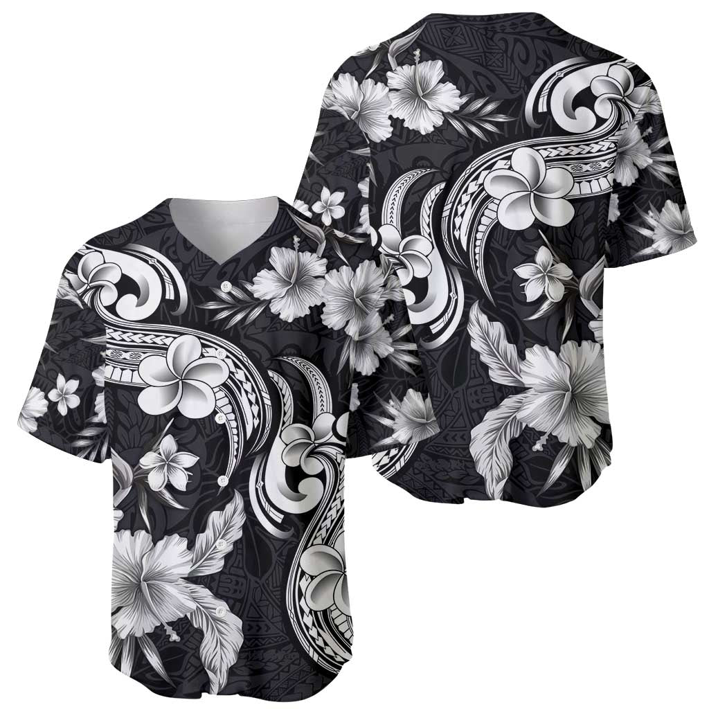 Hawaiian-Polynesian Art Tattoo Baseball Jersey Hibiscus and Plumeria Grayscale