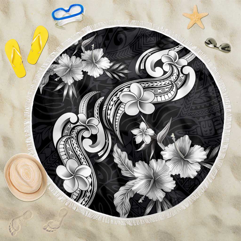 Hawaiian-Polynesian Art Tattoo Beach Blanket Hibiscus and Plumeria Grayscale