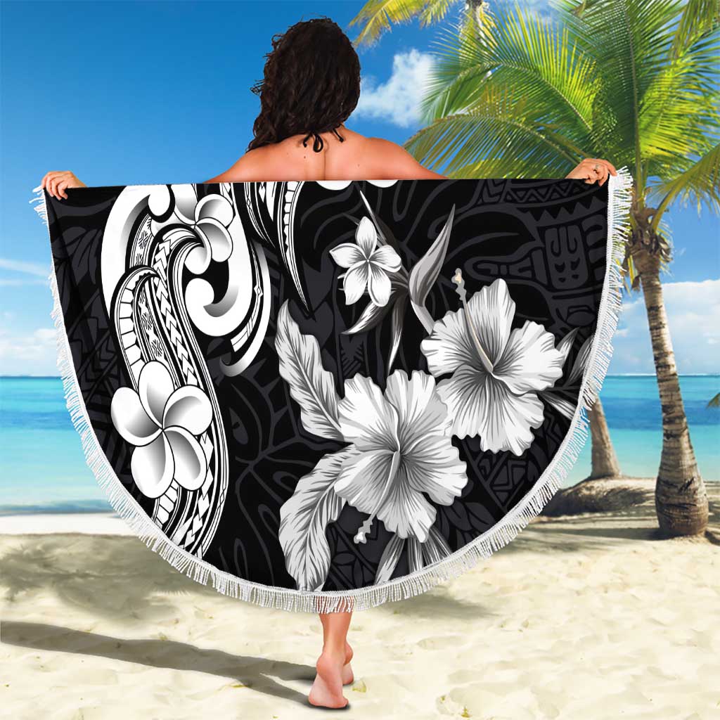 Hawaiian-Polynesian Art Tattoo Beach Blanket Hibiscus and Plumeria Grayscale
