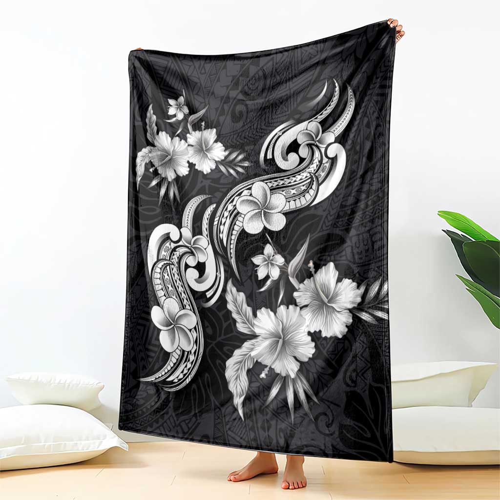 Hawaiian-Polynesian Art Tattoo Blanket Hibiscus and Plumeria Grayscale