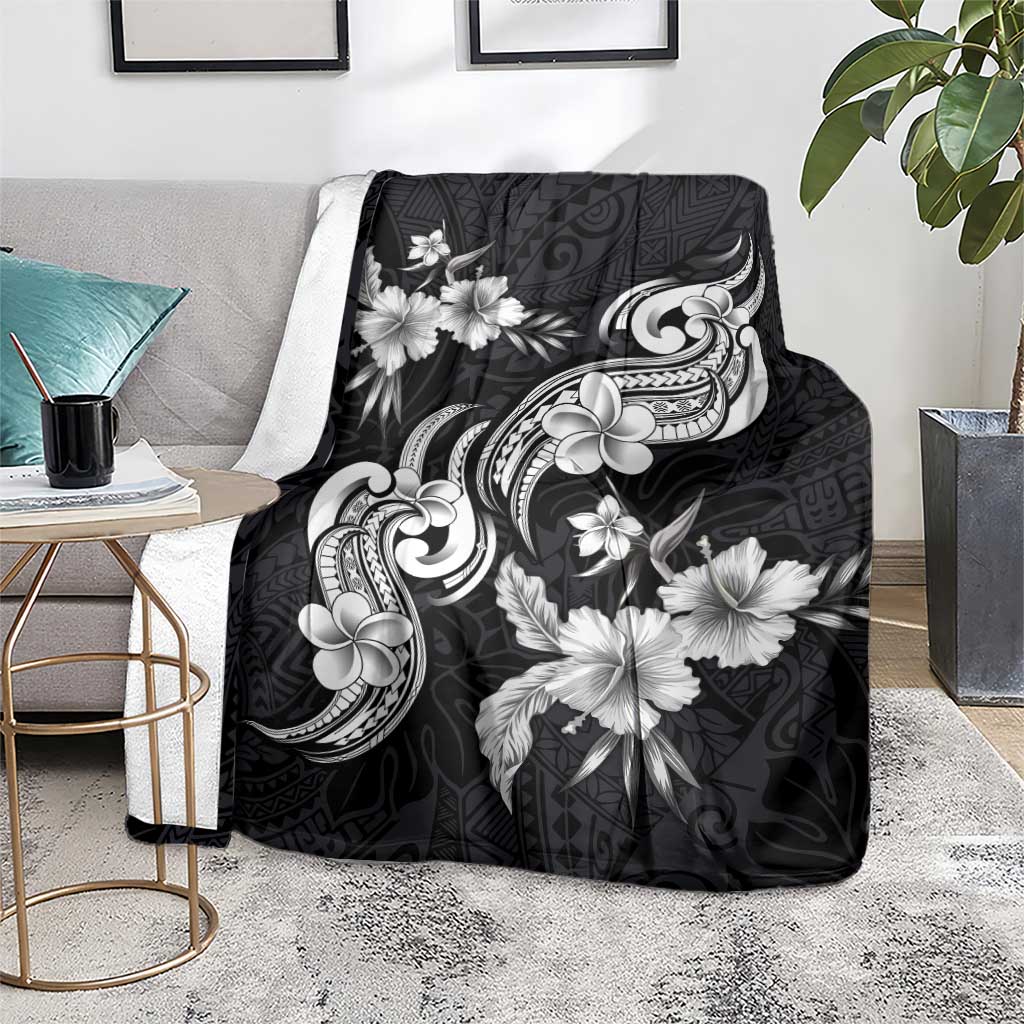 Hawaiian-Polynesian Art Tattoo Blanket Hibiscus and Plumeria Grayscale