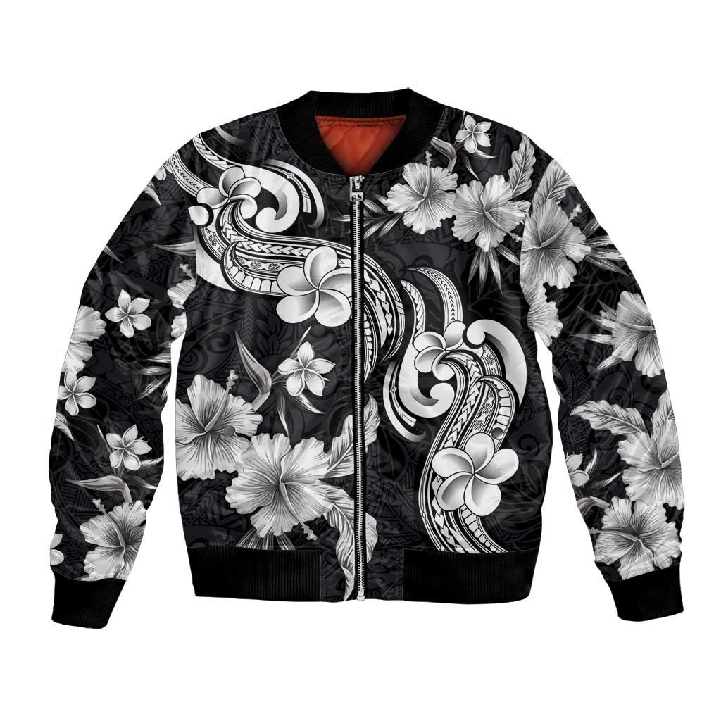 Hawaiian-Polynesian Art Tattoo Bomber Jacket Hibiscus and Plumeria Grayscale