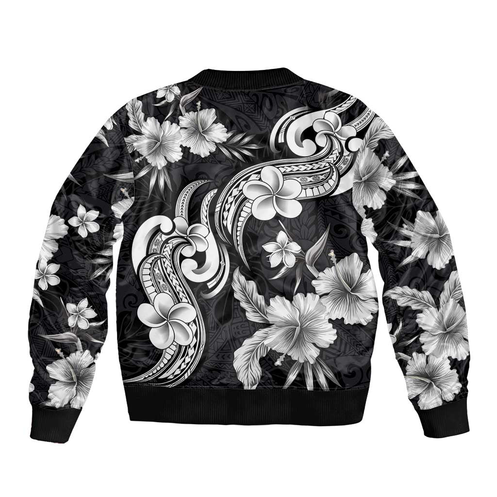 Hawaiian-Polynesian Art Tattoo Bomber Jacket Hibiscus and Plumeria Grayscale