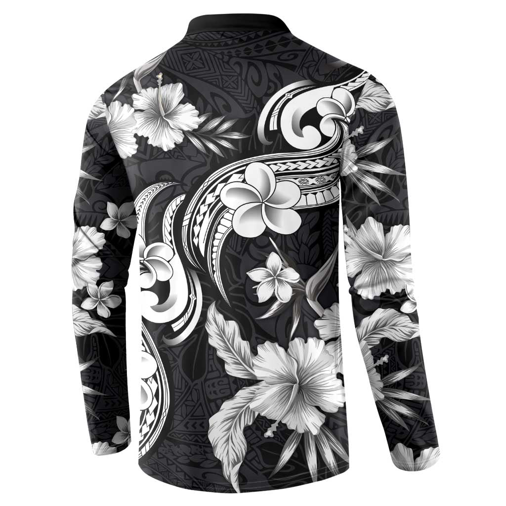 Hawaiian-Polynesian Art Tattoo Button Sweatshirt Hibiscus and Plumeria Grayscale